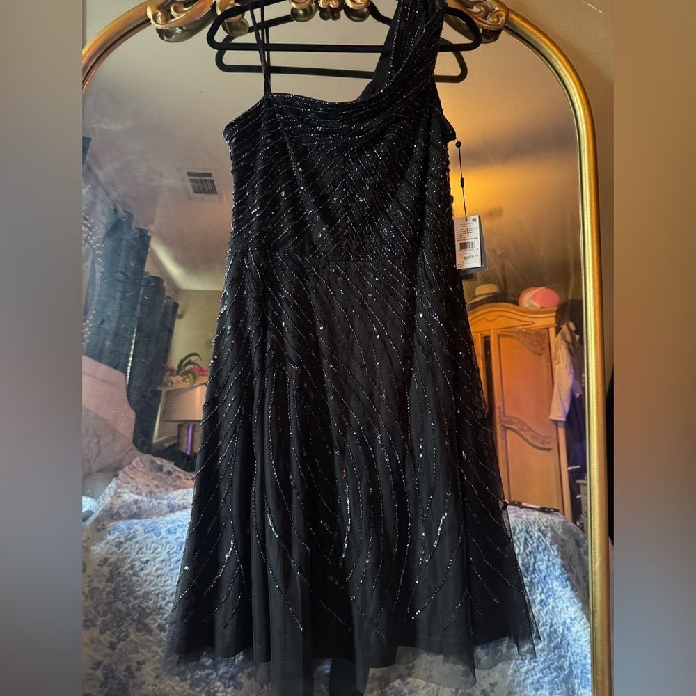 Adrianna Papell Black One-Shoulder Dress - Picture 3 of 12